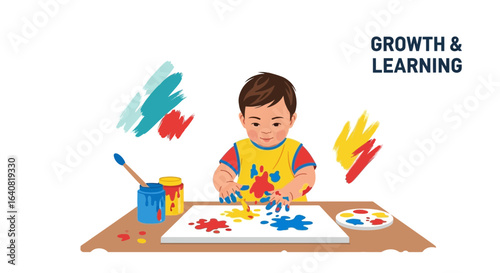 Young child's creative exploration through vibrant finger painting activity