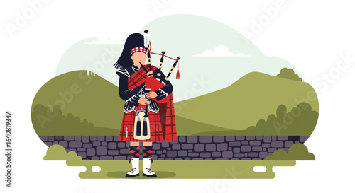 Scottish Bagpiper Playing Instrument In Traditional Costume With Mountain Landscape