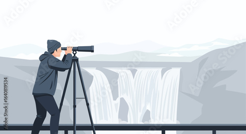 Seeking Distant Horizons Man Gazing at Mountain Waterfall Through Telescope