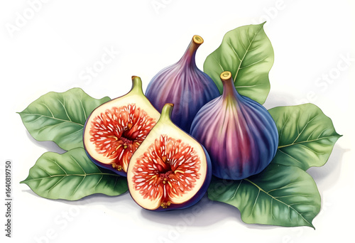 A collection of ripe figs rests on vibrant green leaves, showcasing their deep purple skin. One fig is cut in half, displaying its rich red interior filled with tiny seeds.