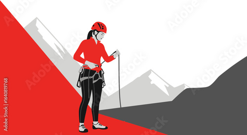 Woman Ascending Peak Confidently Embraces Adventure With Alpine Equipment