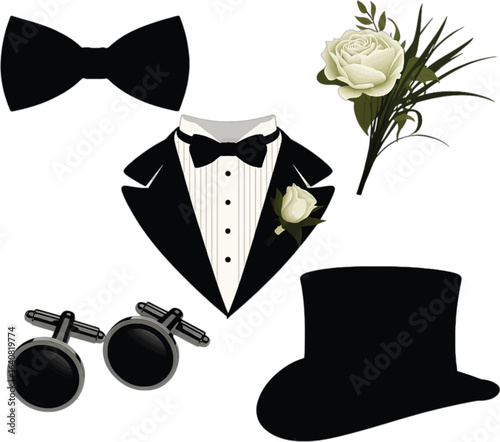Collection of formal wear accessories including a tuxedo, bow tie, cufflinks, top hat, and boutonniere