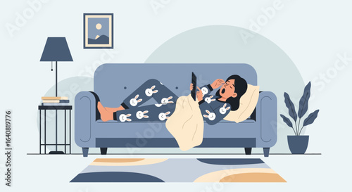 Woman At Home Relaxing On Sofa Holding Tablet Wearing Pajamas Illustration