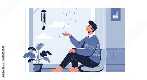 Serene illustration of a man enjoying a rainy day indoors with calmness and comfort