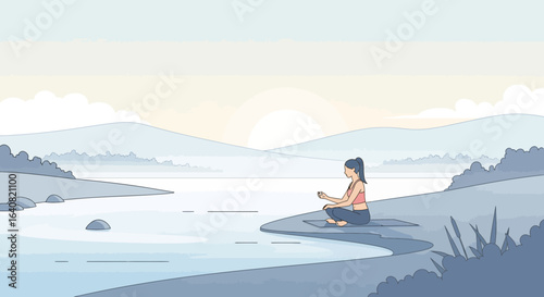 Serene lakeside meditation scene with a woman in lotus position at sunrise