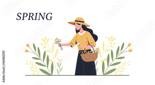 Woman collecting flowers in springtime with hat and basket surrounded by plants
