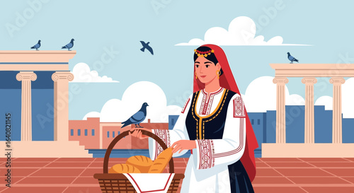 Traditional Greek Woman with Bread in Athens Enjoying The Pigeons Life