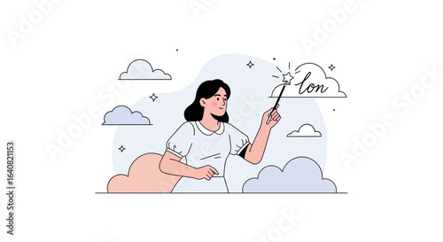 Woman conjuring love with a magic wand in a dreamy cloudscape design illustration