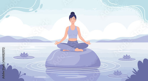 Serene Meditation: Woman in lotus position on lake stone finds inner peace