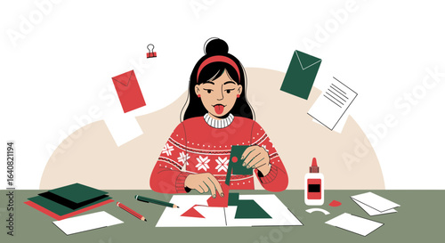 Woman crafting and creating handmade cards in a cozy environment with paper materials