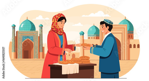 Traditional Uzbek Bread Sale at a Historic Landmark Market Scene illustration