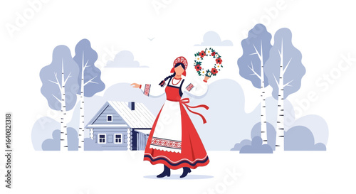 Traditional Russian Folklore Scene With Woman in National Dress and Flower Wreath
