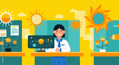 Young Explorer Illustrating Solar System During Science Lesson At A Space Museum