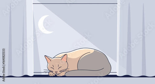 Serene night scene featuring a sleeping cat by the window under the moonlight casting a gentle glow