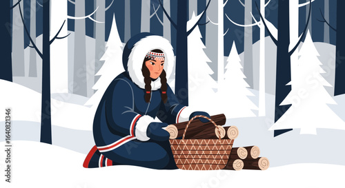 Traditional Woman Gathering Firewood In Winter Forest Illustration