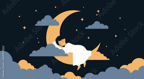 Serene Nighttime Dream A Woman Sleeping on a Crescent Moon Surrounded by Clouds