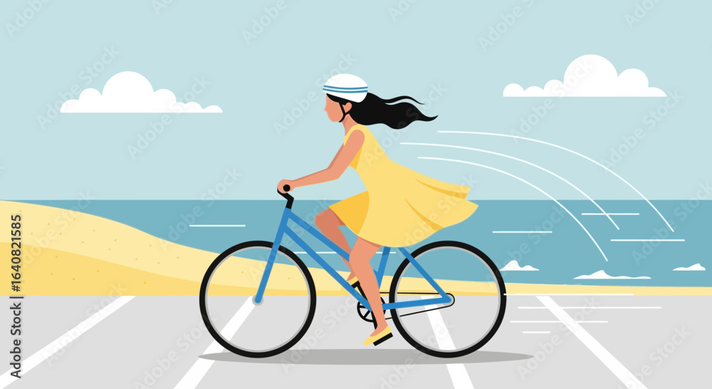 Fototapeta premium Woman Enjoying a Bike Ride Along The Coastline on a Sunny Day