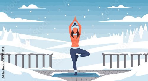 Serene winter yoga retreat: A woman finds inner peace amidst snowy landscapes practice