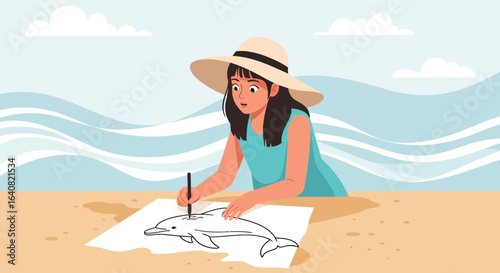 Woman drawing dolphin on the beach wearing a hat enjoying a summer day vacation beautiful blue water vacation drawing on the sand artistic woman