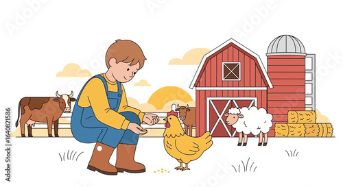 Young farmer feeding a chicken with a farm barnyard scene showcasing rural life and animal care in a charming illustration