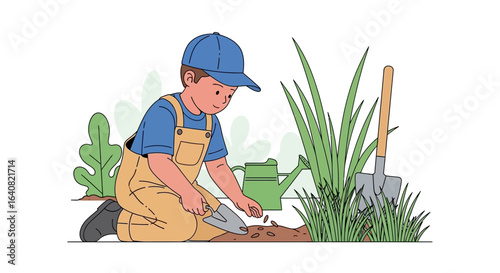 Young Gardener Carefully Planting Seeds In Soil With Watering Can And Shovel
