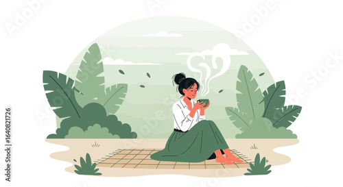 Woman Enjoying Herbal Tea In A Serene Green Nature Setting Illustration