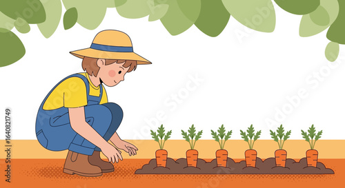 Young Gardener Growing Carrots In The Organic Garden With Space For Text