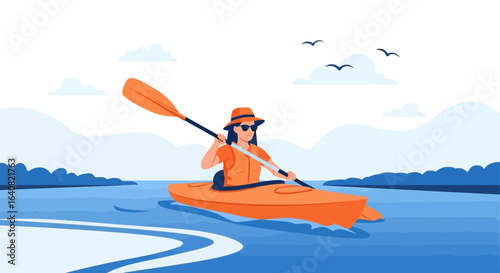 Woman Enjoying Kayaking Adventure on Calm Waters Summer Activity Scene