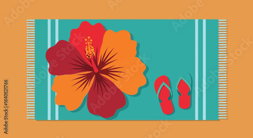 Tropical Vacation Beach Scene With Hibiscus Flower And Flip Flops Relaxing Holiday