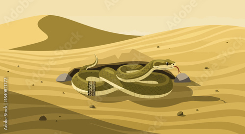 Serpentine Predator Coiled In Sandy Dune Wildlife Scene Illustration
