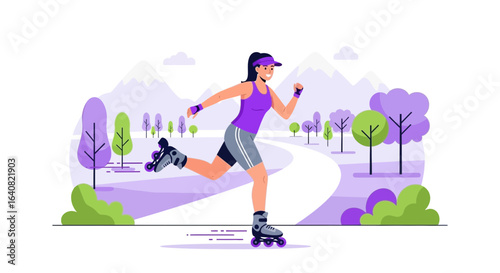 Woman enjoying roller skating outdoors in a scenic park with mountain views during daylight activities