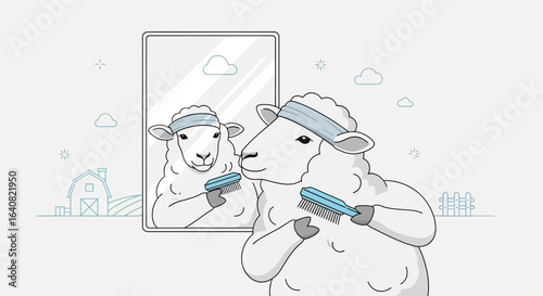 Sheep Preparing Himself With A Brush Before A Mirror In The Countryside