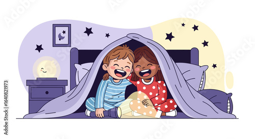 Two Happy Children Building a Blanket Fort in Their Bedroom At Night