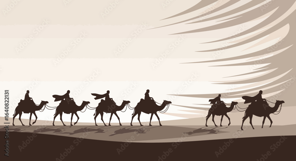 Fototapeta premium Silhouette Caravan Across Desert Scene For Travel And Adventure Concepts