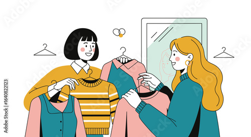 Two smiling women selecting clothes together in a store choosing fashion items