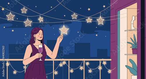 Woman Enjoys City View On Balcony Under Starry String Lights With Drink