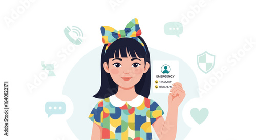Young girl holding emergency contact card with colorful clothing and joyful expression