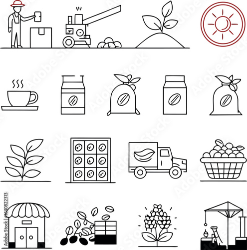 Vector art of coffee production and consumption process icons isolated on white background