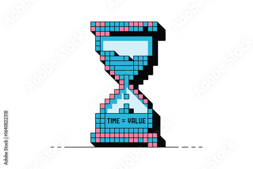 Pixelated hourglass with blue and pink blocks on a white background displaying time equals value