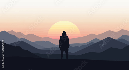 Silhouette of a person watching the sunrise over mountain range landscape concept