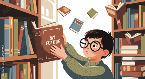 Young Learner Discovers Future Through Books In A Library Cartoon Illustration