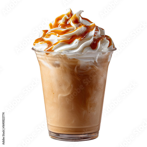 Caramel iced coffee drink in clear cup, topped with whipped cream and caramel drizzle