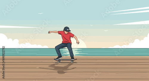 Skateboarding enthusiast perfecting his tricks on the wooden pier by the ocean at sunset