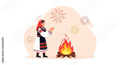 Slavic Girl in National Costume Around a Bonfire Celebrating Holidays