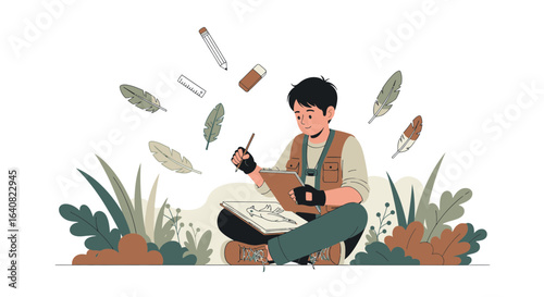 Young Man Enjoys Birdwatching And Sketching In Nature On White Background