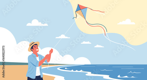 Young Man Enjoys Flying Kite On Beach During Summer Vacation Holiday