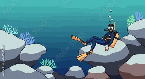 Underwater Adventure Diver Resting On Rocky Seabed With Colorful Marine Life Cartoon