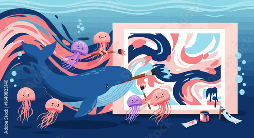 Underwater art studio with a whale and jellyfish painting a colorful abstract masterpiece