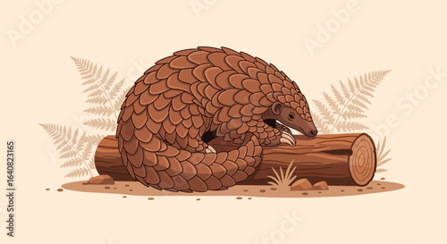 Sleeping Pangolin Resting on Log in Natural Habitat Artistic Rendition