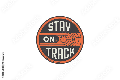 A circular emblem featuring the words stay on track with an illustration of a clock and tracks